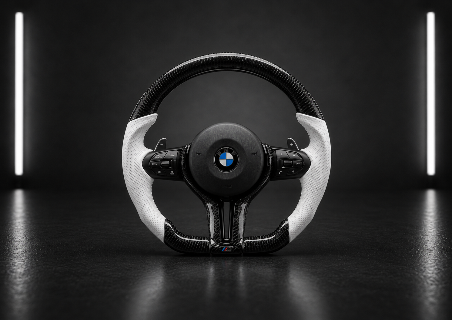 NightLine Carbon Fibre Steering Wheel — White Leather (BMW 1 2 3 4 Series)
