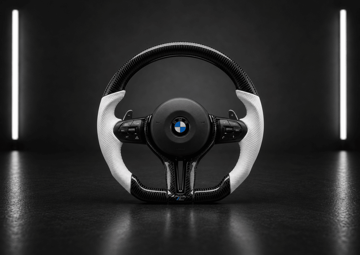 NightLine Carbon Fibre Steering Wheel — White Leather (BMW 1 2 3 4 Series) - NightLine